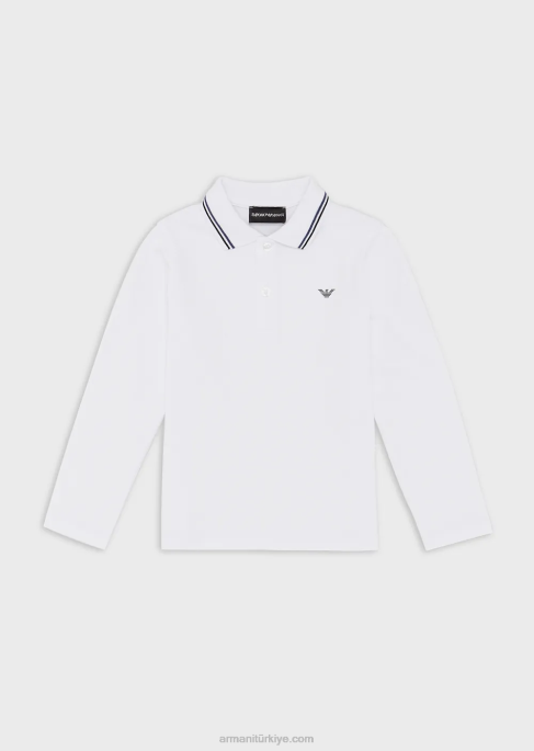 erkek çocuk Armani çizgili süslemeli streç pike uzun kollu polo tişört beyaz T8HD2404