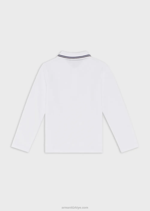 erkek çocuk Armani çizgili süslemeli streç pike uzun kollu polo tişört beyaz T8HD2404