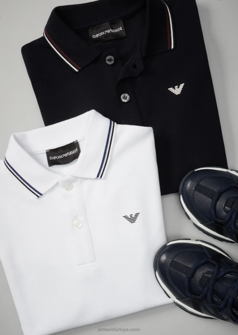 erkek çocuk Armani çizgili süslemeli streç pike uzun kollu polo tişört beyaz T8HD2404