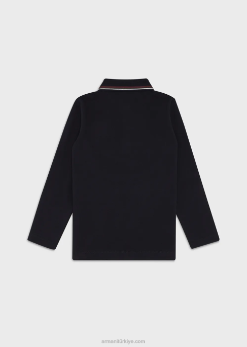 erkek çocuk Armani çizgili süslemeli streç pike uzun kollu polo tişört lacivert T8HD2403