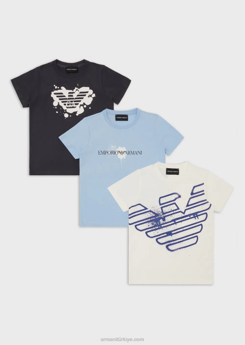 erkek çocuk Armani logo baskılı 3'lü jarse tişört paketi masmavi T8HD2463