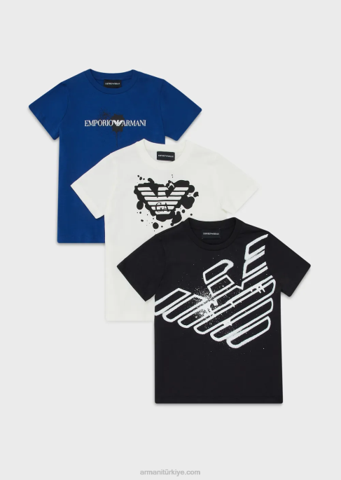 erkek çocuk Armani logo baskılı 3'lü jarse tişört paketi mavi T8HD2462