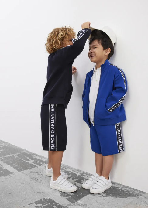 erkek çocuk Armani logo şeritli, çift jarse tam boy fermuarlı sweatshirt lacivert T8HD2464