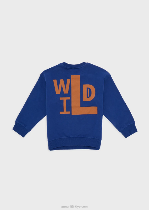 erkek çocuk Armani sürdürülebilir koleksiyon vahşi desenli organik jarse sweatshirt elektrik mavisi T8HD2447