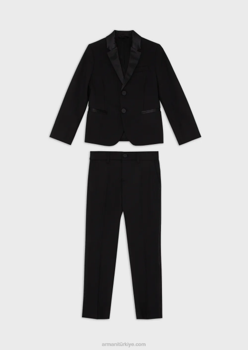 erkek çocuk Armani saten detaylı ince yün tek sıra düğmeli smokin takım siyah T8HD2395