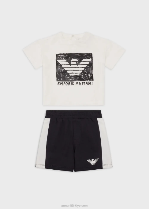 erkek çocuk Armani büyük boy kartal desenli organik jarse t-shirt ve board şort takım beyaz T8HD2697