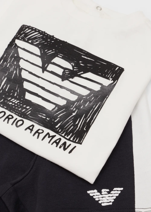 erkek çocuk Armani büyük boy kartal desenli organik jarse t-shirt ve board şort takım beyaz T8HD2697