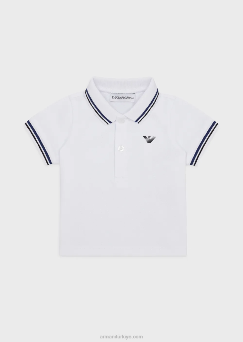 erkek çocuk Armani çizgili şeritli streç pike polo gömlek beyaz T8HD2679