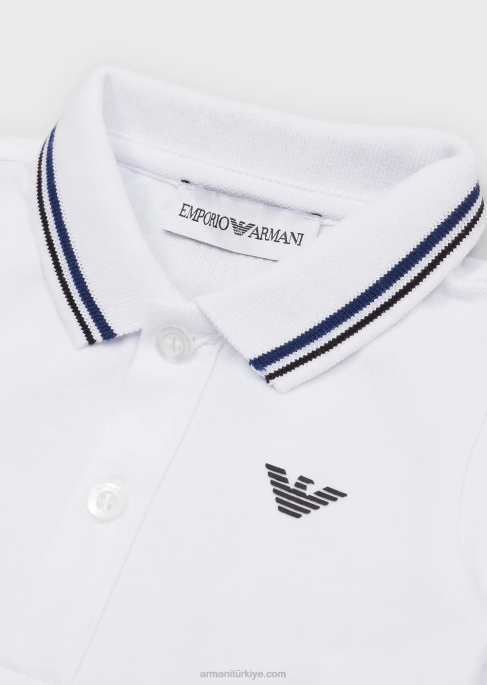 erkek çocuk Armani çizgili şeritli streç pike polo gömlek beyaz T8HD2679