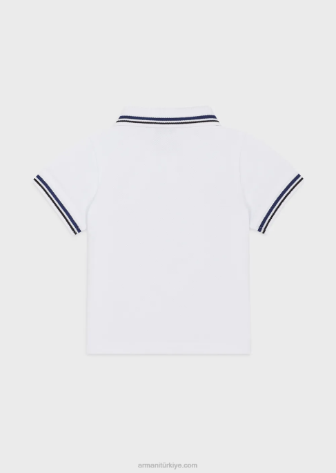 erkek çocuk Armani çizgili şeritli streç pike polo gömlek beyaz T8HD2679