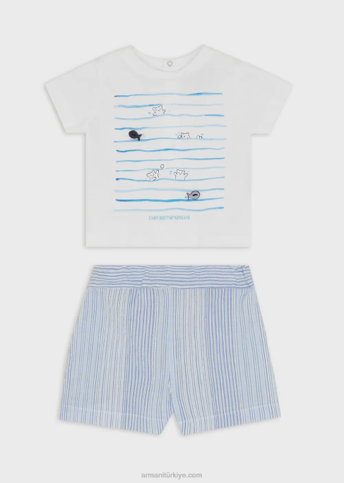 erkek çocuk Armani çizgili sahil desenli tişört ve şorttan oluşan hediye seti masmavi T8HD2698