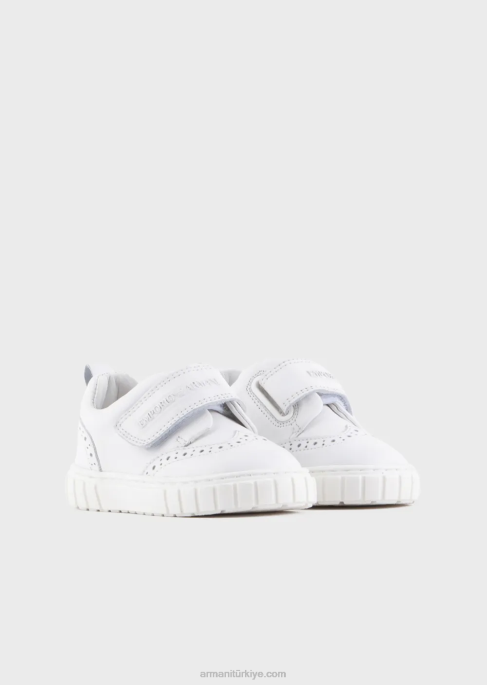 erkek çocuk Armani kanat ucu detaylı ve cırt cırtlı yumuşak deri spor ayakkabı beyaz T8HD2683