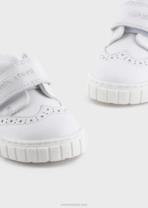 erkek çocuk Armani kanat ucu detaylı ve cırt cırtlı yumuşak deri spor ayakkabı beyaz T8HD2683