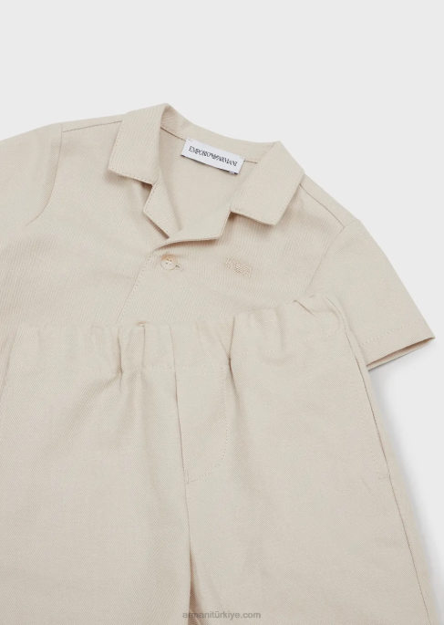 erkek çocuk Armani keten karışımlı board şort ve gömlekten oluşan takım bej T8HD2696