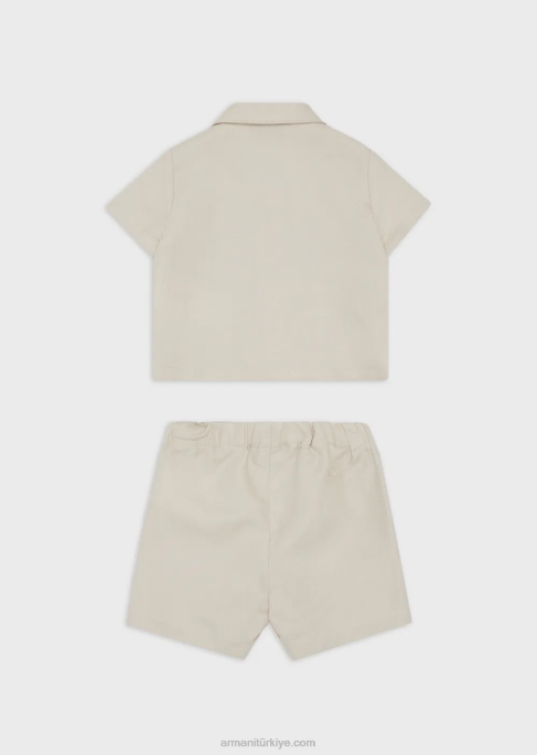 erkek çocuk Armani keten karışımlı board şort ve gömlekten oluşan takım bej T8HD2696