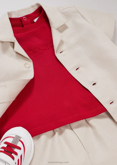 erkek çocuk Armani keten karışımlı board şort ve gömlekten oluşan takım bej T8HD2696