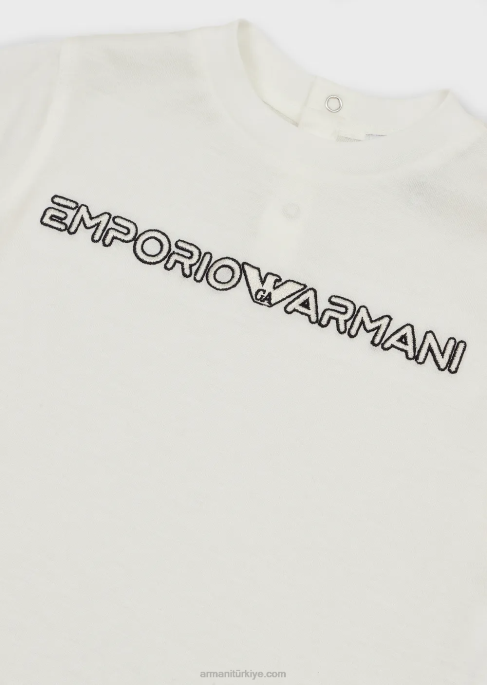 erkek çocuk Armani logo işlemeli tencel karışımlı jarse t-shirt beyaz T8HD2730