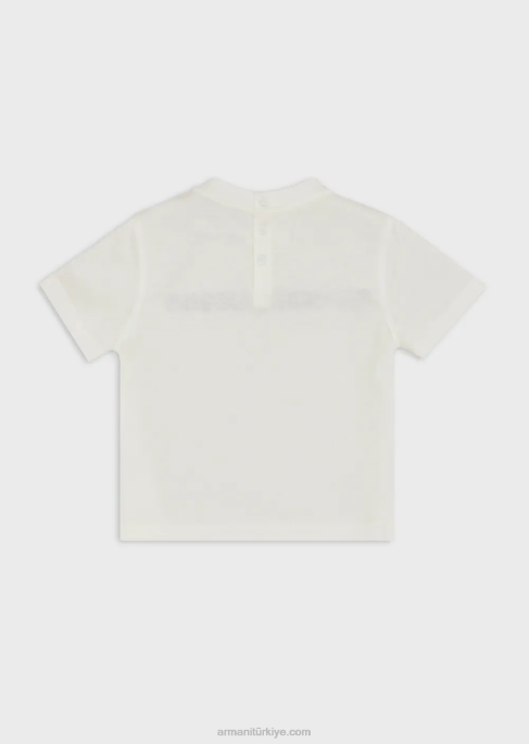 erkek çocuk Armani logo işlemeli tencel karışımlı jarse t-shirt beyaz T8HD2730