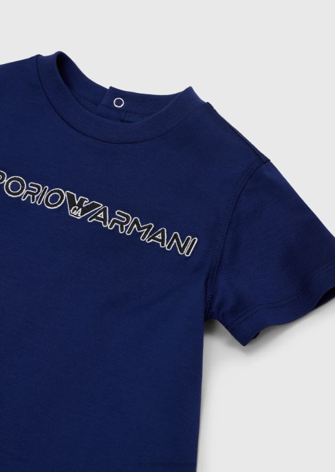 erkek çocuk Armani logo işlemeli tencel karışımlı jarse t-shirt mavi T8HD2729