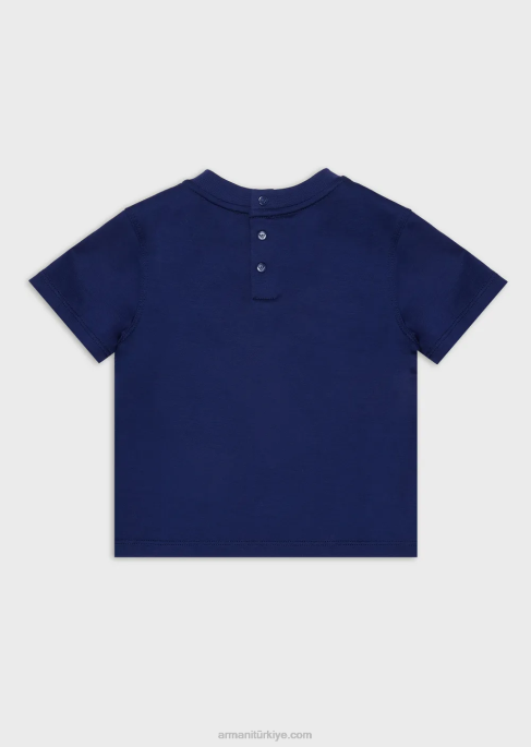 erkek çocuk Armani logo işlemeli tencel karışımlı jarse t-shirt mavi T8HD2729