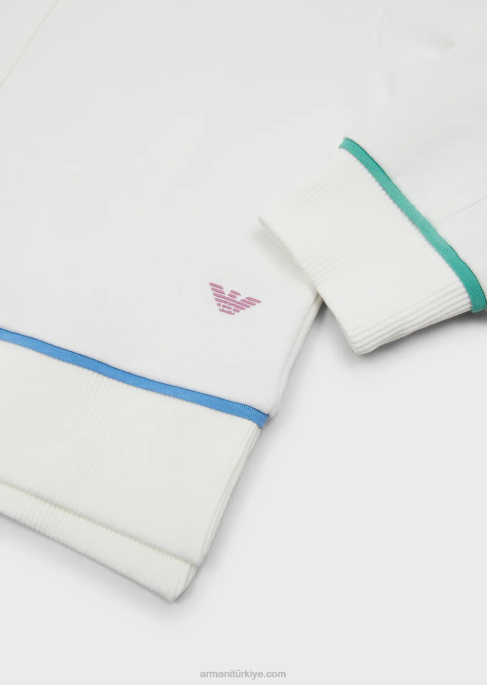 kız Armani Kontrast detaylı, Fransız havlu kumaşından büyük beden sweatshirt beyaz T8HD2544