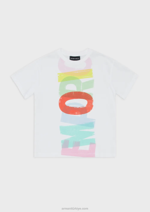 kız Armani büyük boy fırça darbesi logolu organik jarse büyük beden tişört beyaz T8HD2559
