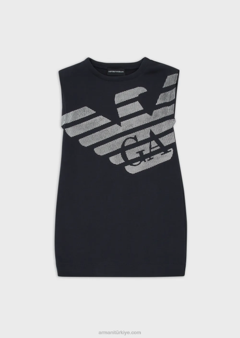 kız Armani büyük boy kartal desenli hafif jarse-polar elbise mavi logo T8HD2566