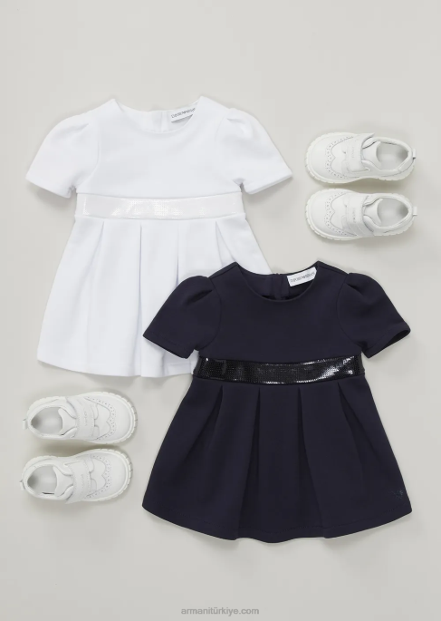 kız Armani Beli taşlı, pamuk karışımlı jarse-polar elbise beyaz T8HD2664