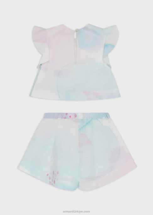 kız Armani Suluboya çiçek desenli poplin üst ve şort takımı model T8HD2652
