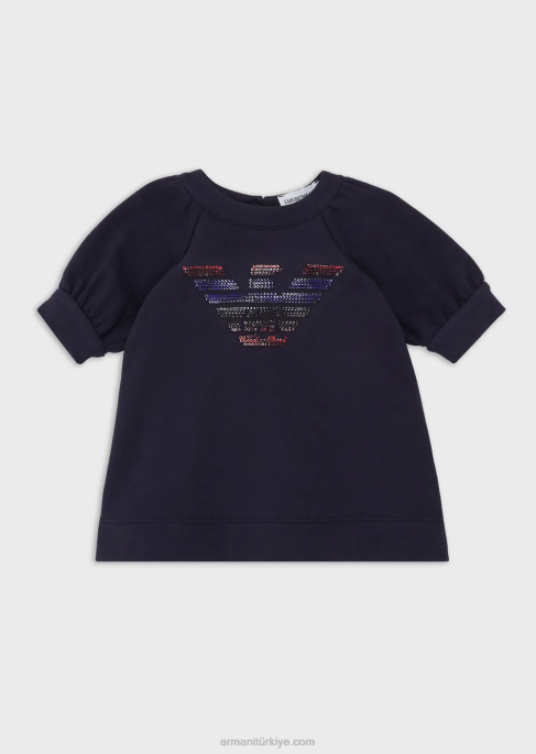 kız Armani büyük boy payetli kartal desenli, pamuk karışımlı jarse-polar elbise model T8HD2663