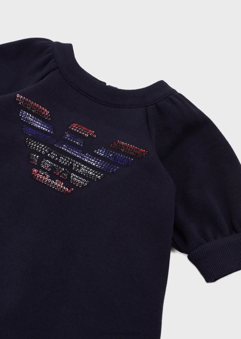 kız Armani büyük boy payetli kartal desenli, pamuk karışımlı jarse-polar elbise model T8HD2663