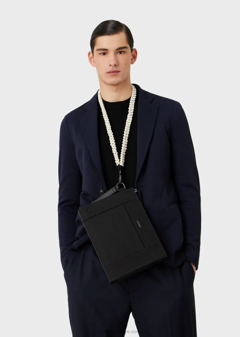 erkekler Armani deri detaylı geri dönüştürülmüş dimi kese siyah T8HD2175