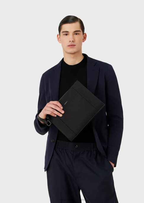 erkekler Armani deri detaylı geri dönüştürülmüş dimi kese siyah T8HD2175