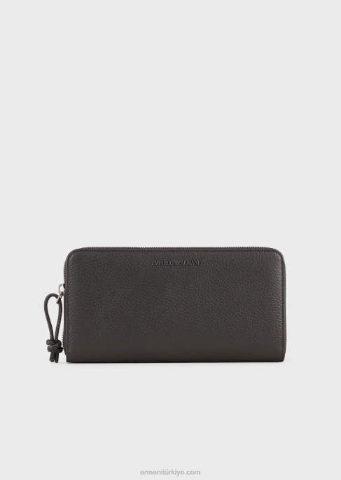 erkekler Armani çepeçevre fermuarlı eskitme deri cüzdan koyu gri T8HD2185