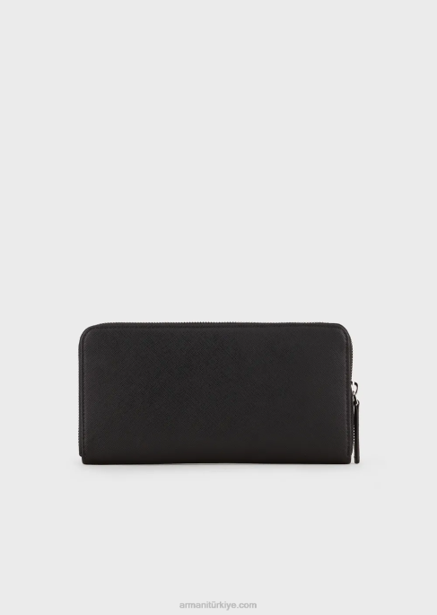 erkekler Armani çepeçevre fermuarlı ve kartal plakalı rejenere deri cüzdan siyah T8HD2184