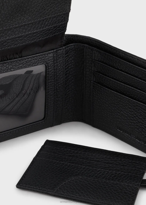 erkekler Armani çıkarılabilir kartlıklı eskitme deri cüzdan siyah logo T8HD2222