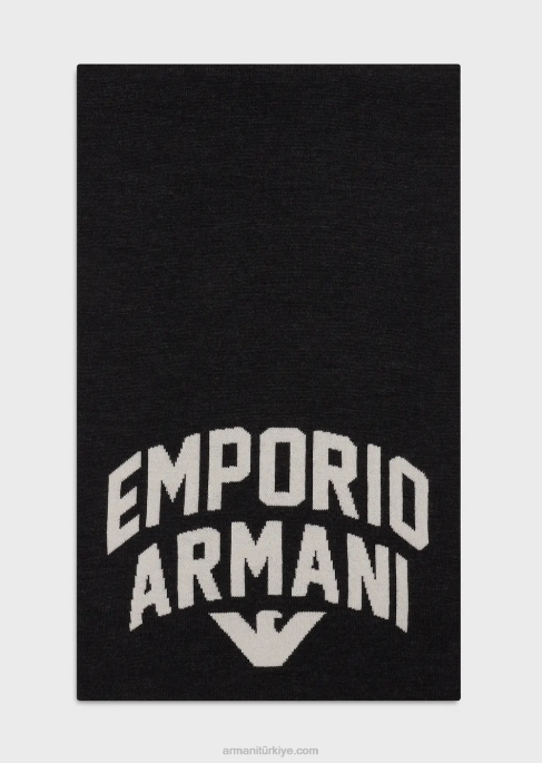 erkekler Armani Kalın logolu yün karışımlı atkı koyu gri T8HD2119