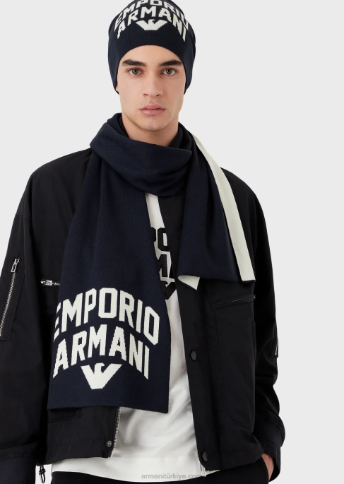erkekler Armani Kalın logolu yün karışımlı atkı lacivert T8HD2120