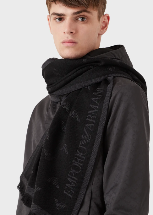 erkekler Armani boydan boya kartal işlemeli yün atkı antrasit T8HD2129