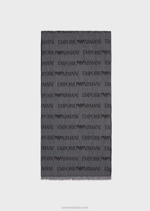 erkekler Armani jakar logolu yazı ve püsküllü bakire yün karışımı eşarp gri T8HD2123