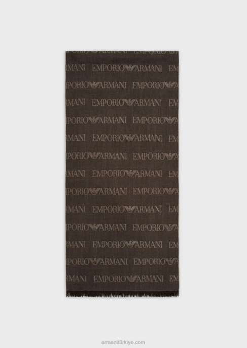 erkekler Armani jakar logolu yazı ve püsküllü bakire yün karışımı eşarp kahverengi T8HD2124