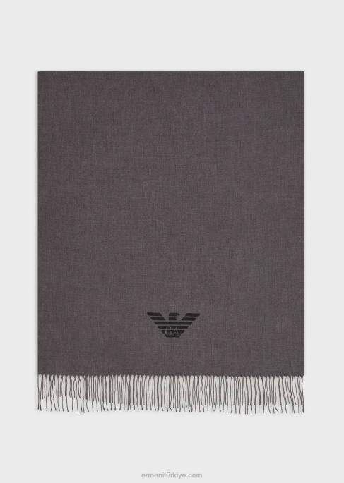 erkekler Armani kartal desenli püsküllü atkı açık gri T8HD2126