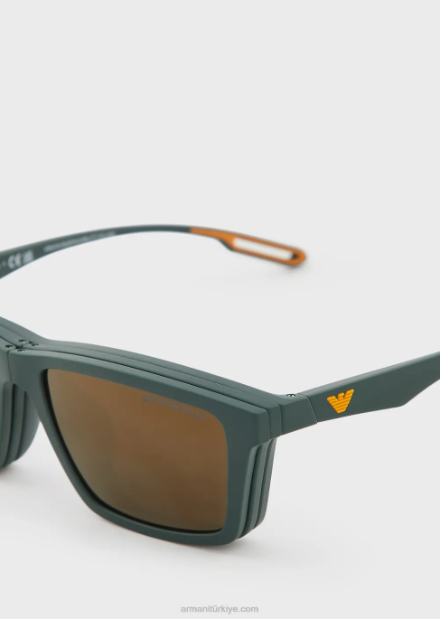 erkekler Armani değiştirilebilir lensli dikdörtgen güneş gözlüğü Orman yeşili T8HD2339