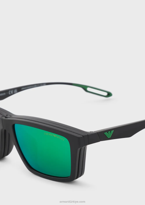 erkekler Armani değiştirilebilir lensli dikdörtgen güneş gözlüğü siyah T8HD2363