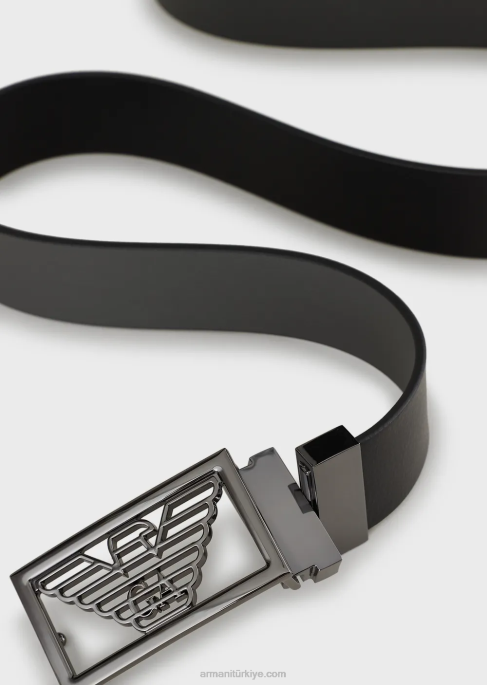 erkekler Armani Bir tarafı palmellato deriden çift taraflı deri kemer siyah T8HD2009