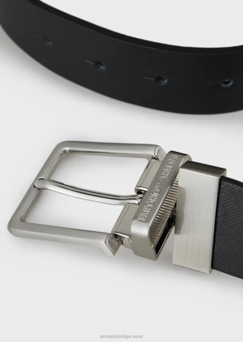 erkekler Armani Saffiano deriden çift taraflı kemerli ve değiştirilebilir tokalı hediye kutusu siyah T8HD2007