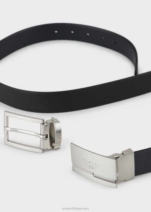 erkekler Armani Saffiano deriden çift taraflı kemerli ve değiştirilebilir tokalı hediye kutusu siyah T8HD2030
