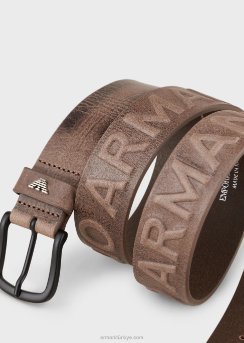 erkekler Armani kabartmalı büyük boy yazı ile vintage efektli deri kemer gri T8HD2004