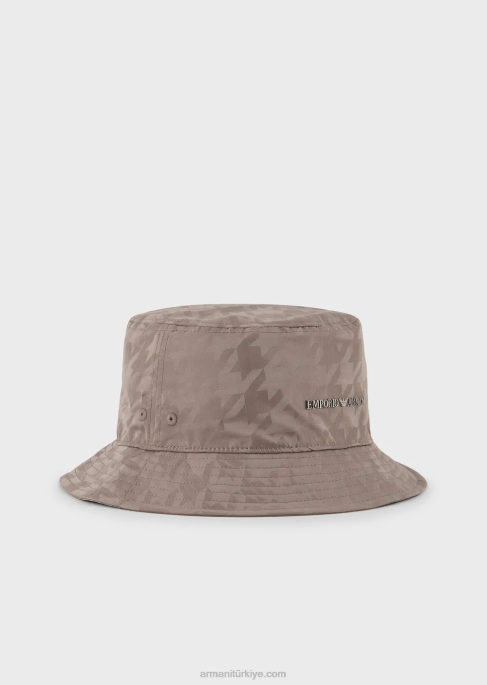 erkekler Armani büyük boy balıksırtı jakarlı naylon cloche şapka gri T8HD2053