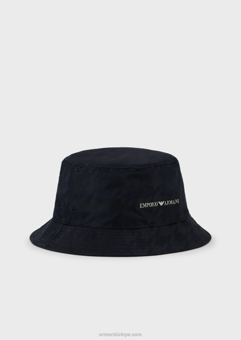 erkekler Armani büyük boy balıksırtı jakarlı naylon cloche şapka lacivert T8HD2054